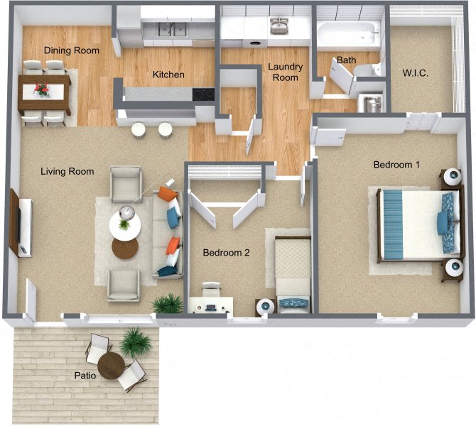 Floor plan for 2 beds, 1 bath, 936 sqft